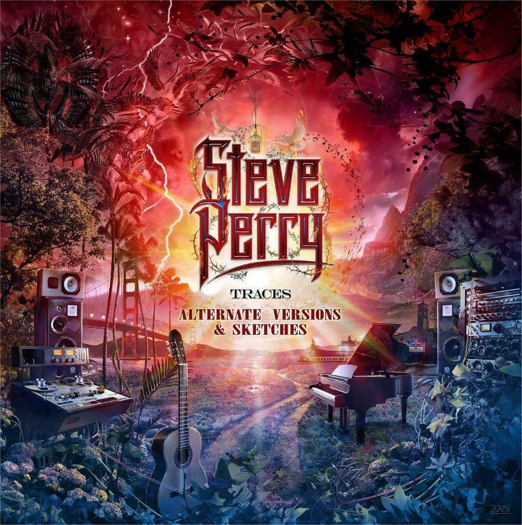 Album cover for "Steve Perry - Traces" with musical instruments and stormy background.