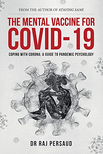 Book cover: “The Mental Vaccine for Covid-19” with a virus illustration.