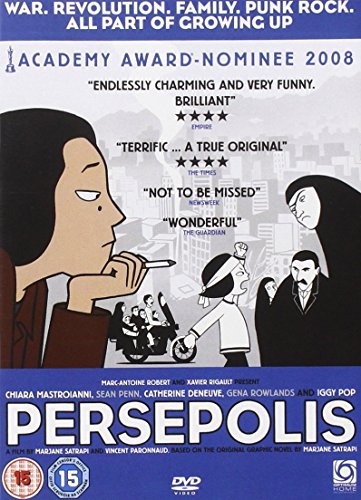 DVD cover art for Persepolis featuring stylized black and white illustrations of various characters.