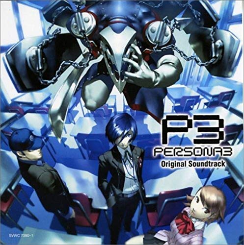 Persona 3 soundtrack cover featuring three characters and a mechanical figure in a classroom.