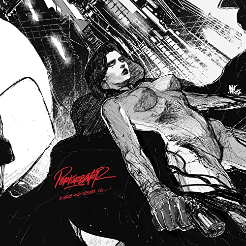 Black and white album cover featuring a reclining figure in a futuristic setting.