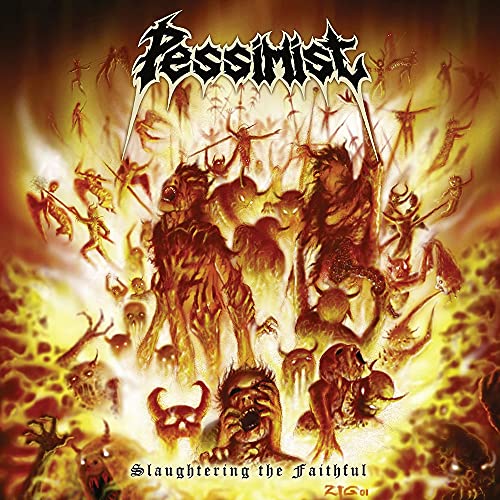 CD cover for Pessimist’s “Slaughtering The Faithful,” depicting demonic figures in flames.