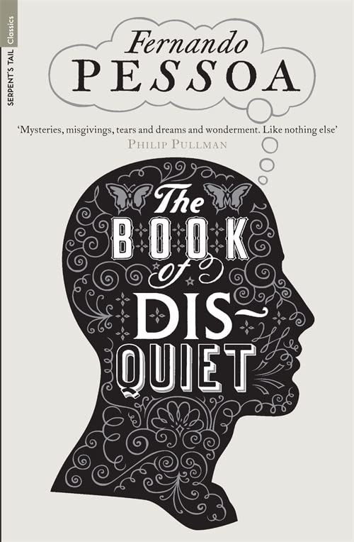 Book cover: "The Book of Disquiet" by Fernando Pessoa, with ornate head design.