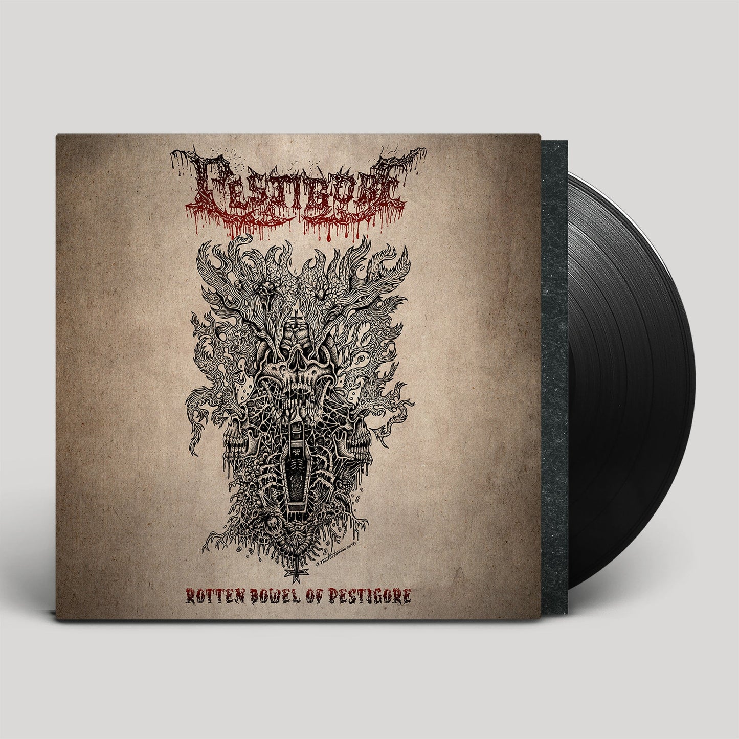 Vinyl record with a brown cover featuring a black ink skull and coffin illustration.
