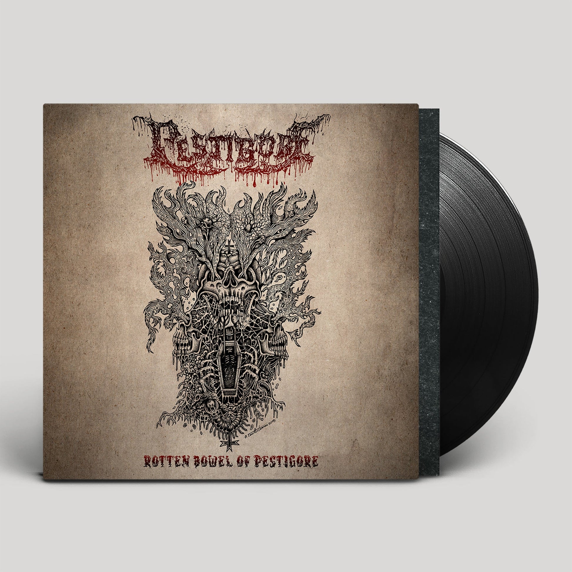 Vinyl record with a brown cover featuring a black ink skull and coffin illustration.
