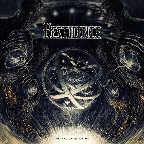 Dark album cover with ornate, swirling design and band name "Pestilence".