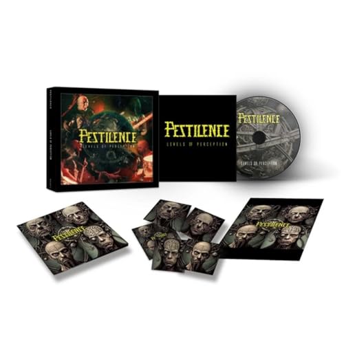 Pestilence" CD packaging with dark, surreal artwork and multiple face images.