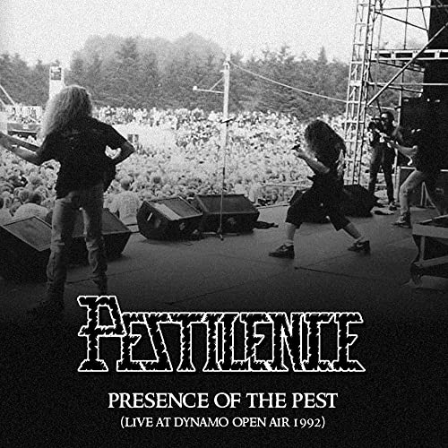 Black and white concert photo with band name "Pestilence" and album title.