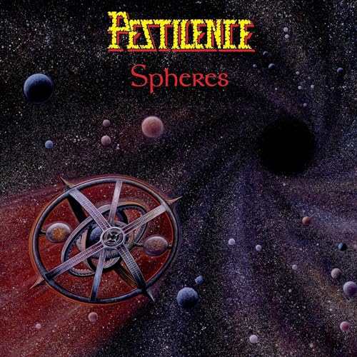 Album cover for Pestilence’s “Spheres” featuring planets and a metal structure.