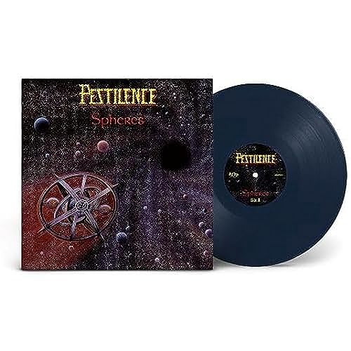 “Pestilence” album cover and navy blue vinyl record against a white background.