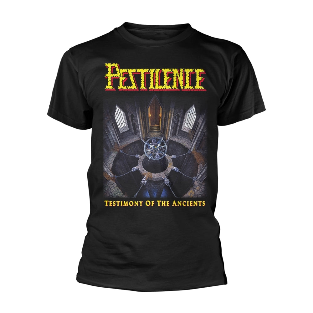 Black t-shirt with "Pestilence" band logo and gothic cathedral artwork.