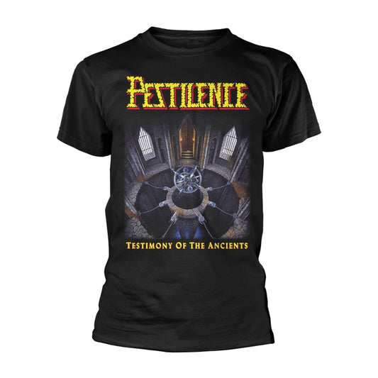 Black t-shirt with "Pestilence" band logo and gothic cathedral artwork.