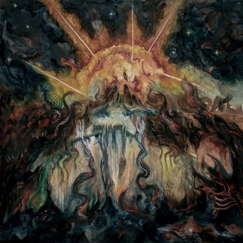 Dark, swirling abstract painting with a central bright, radiating form.