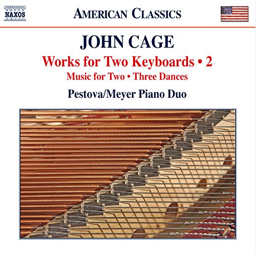 "CD cover with piano strings image, titled 'John Cage: Works for Two Keyboards'."