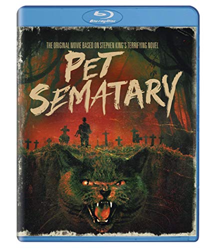 Blue-ray case for "Pet Sematary" with a menacing cat and graveyard scene on the cover.