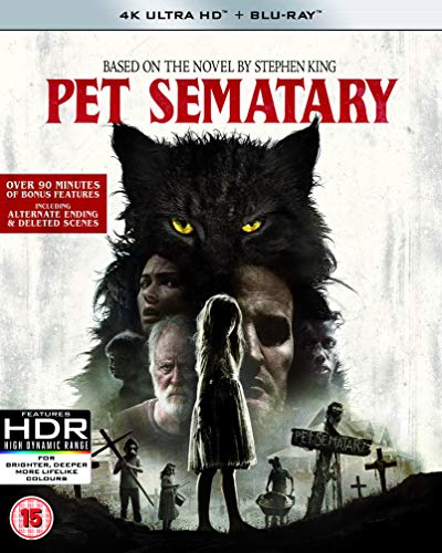 Pet Sematary" Blu-ray cover with a cat, child, and graveyard imagery.