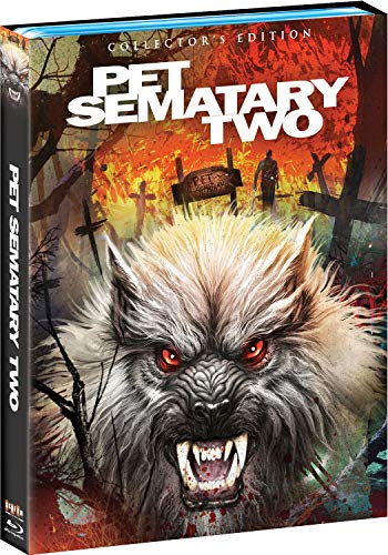 Pet Sematary Two" Blu-ray cover featuring a snarling werewolf and graveyard.