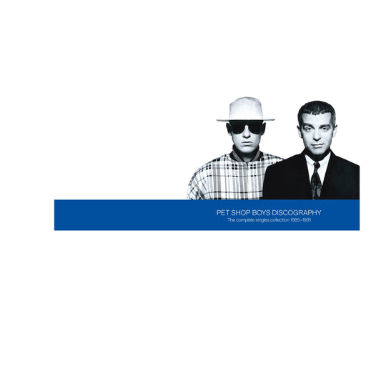 Black and white portrait of Pet Shop Boys over a blue horizontal text banner.