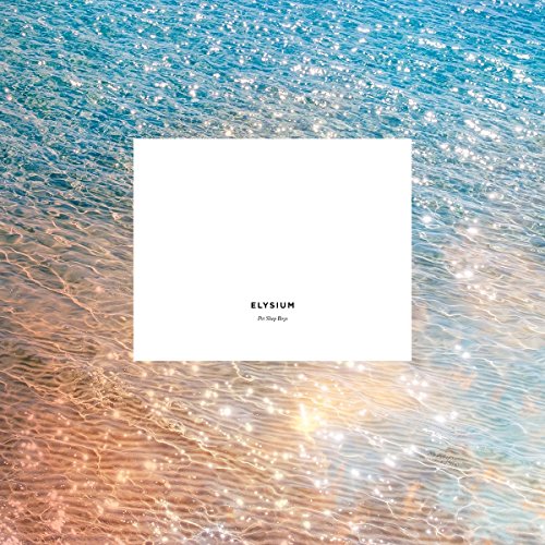 White square with "ELYSIUM" and "Pet Shop Boys" text on shimmering blue and orange water background.