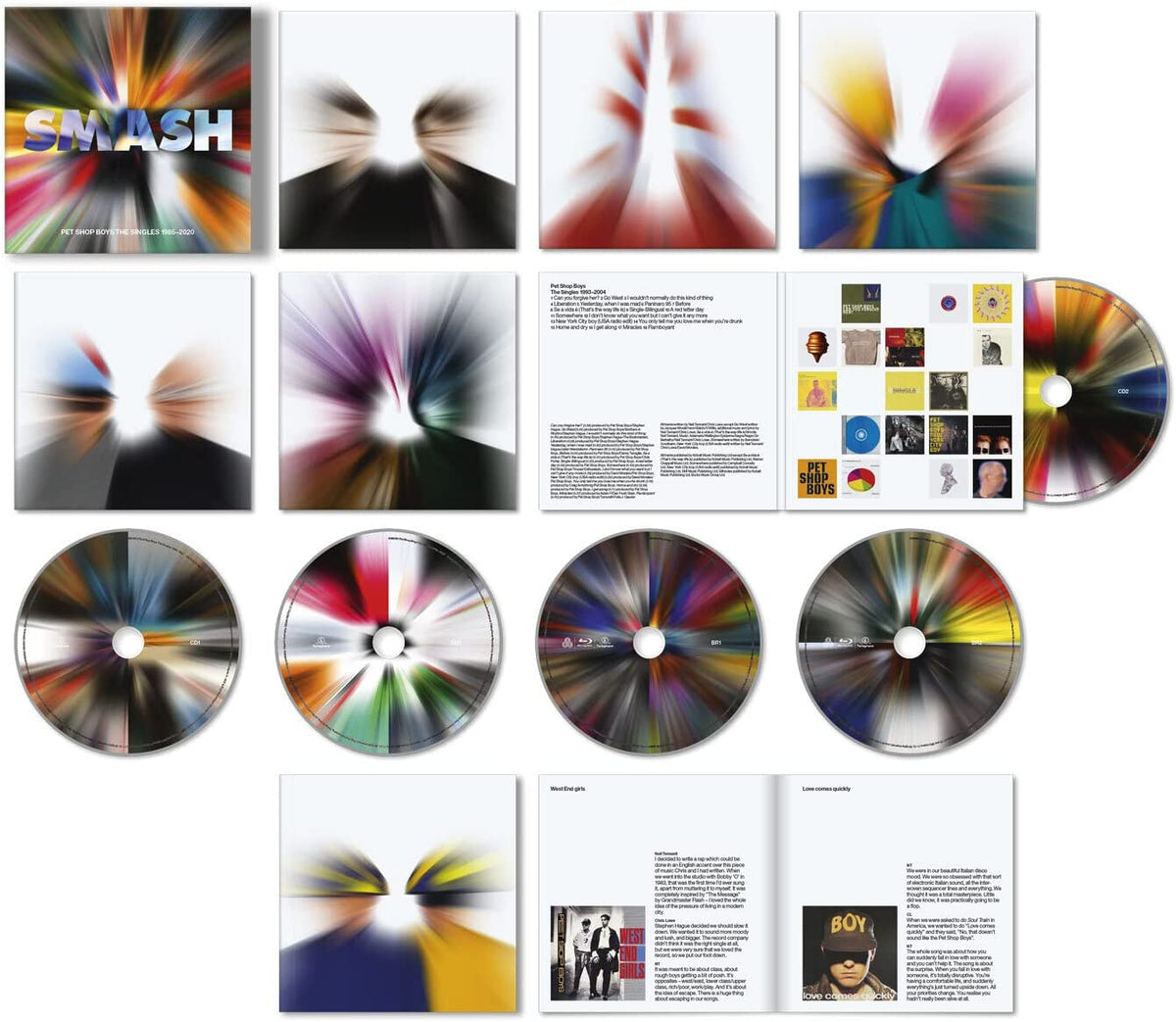 "Pet Shop Boys SMASH collection: 3 CDs, 2 Blu-rays, and booklet pages."
