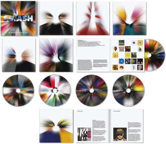 "Pet Shop Boys SMASH collection: 3 CDs, 2 Blu-rays, and booklet pages."