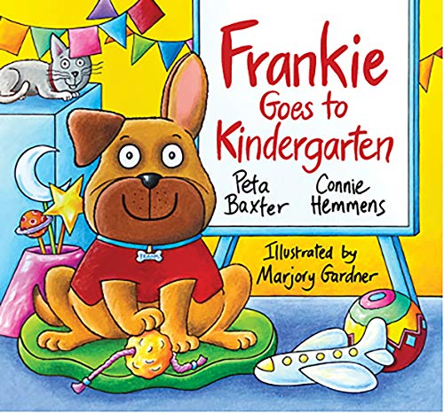 Book cover: a brown dog with a red shirt, toys, and a cat.