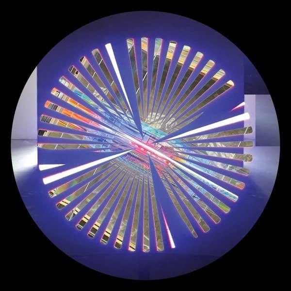 Circular vinyl record cover with abstract blue and pink radial design.