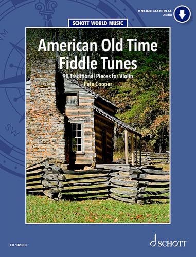 Sheet music cover for "American Old Time Fiddle Tunes" with a log cabin.