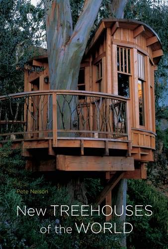 Wooden treehouse built amongst trees, book cover titled "New Treehouses.