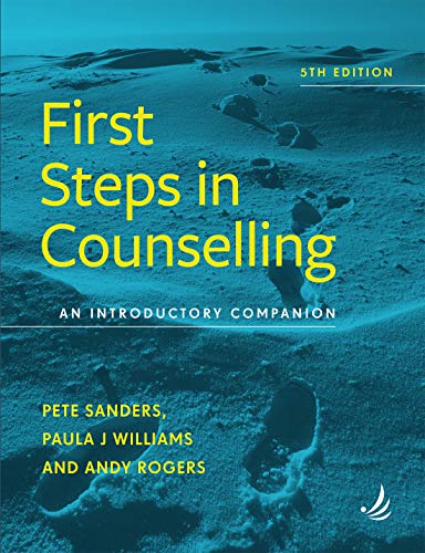 Book cover for First Steps in Counselling, featuring footprints in sand on blue background.