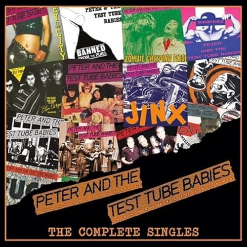 Collage of various Peter and the Test Tube Babies single covers on a black background.