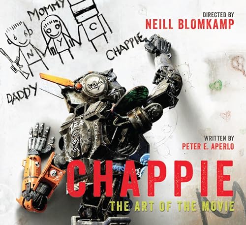 Robot Chappie with childlike drawings, book cover art.