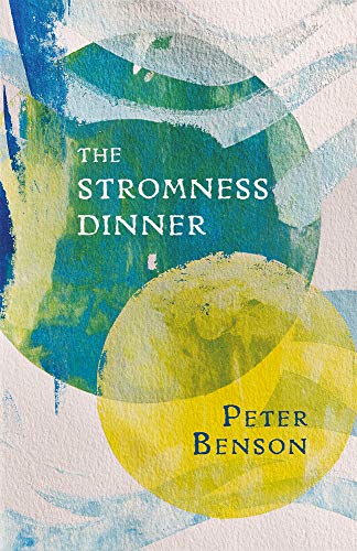 Book cover with abstract blue and yellow watercolor shapes, title "Stromness Dinner".