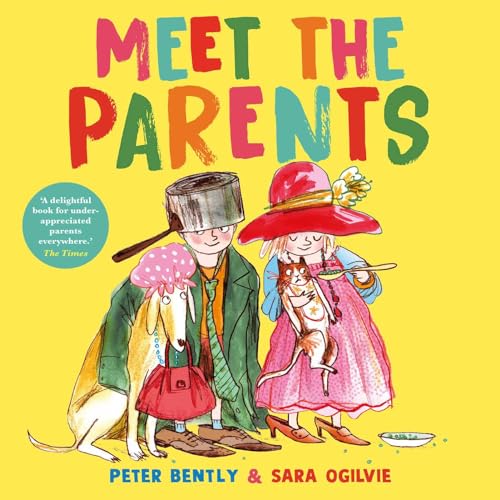 Book cover: illustrated parents, dog, and cat in colorful, whimsical style.