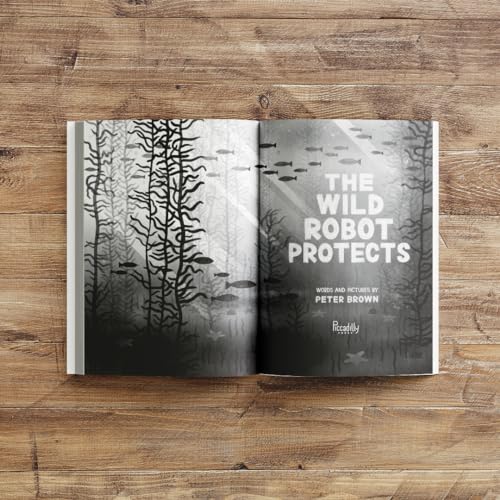 Open book showing a black and white illustration of underwater kelp and fish.
