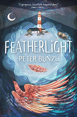 Book cover for Featherlight by Peter Bunzl featuring a lighthouse, a bird, and a feather.