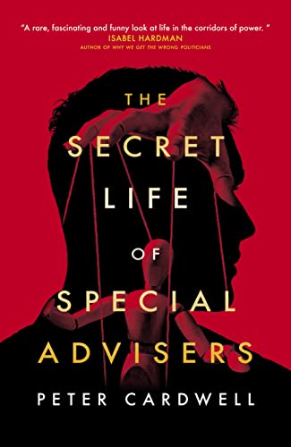 Book cover: Silhouette of a man as a puppet, red background.
