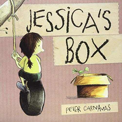 Illustration of a child with a box and a small green creature.