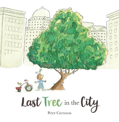Watercolor illustration of a large tree with a child and a bird.