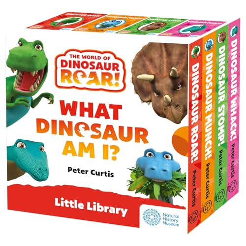 Slipcase book set featuring colorful cartoon dinosaurs and the title "What Dinosaur Am I?".