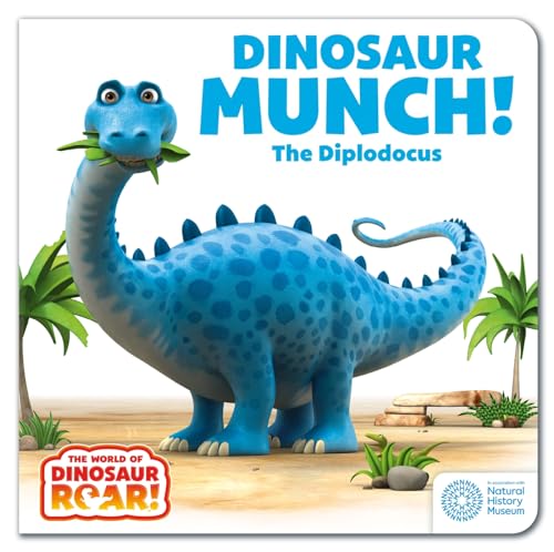 Blue Diplodocus dinosaur with green leaves in its mouth, book cover.