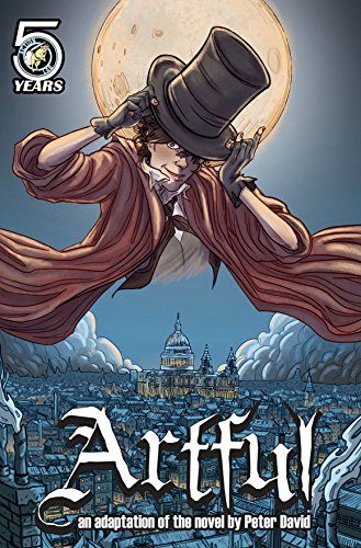 Comic book cover: man in a top hat floats over a city.