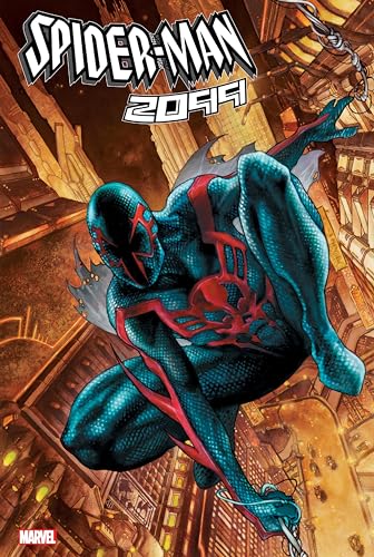 Spider-Man 2099 cover: blue suit, red accents, futuristic cityscape background.