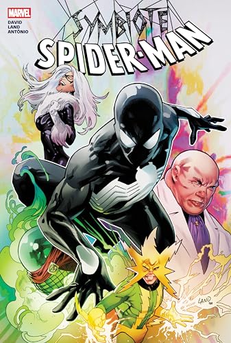Comic book cover featuring black-suited Spider-Man, Black Cat, and villains.