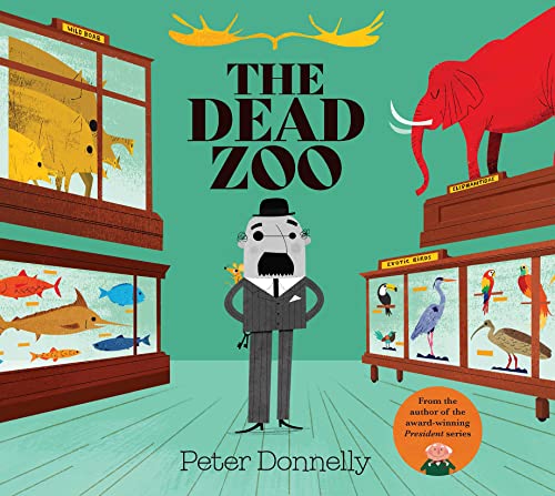 Book cover: illustrated animals in display cases with a man in a suit.