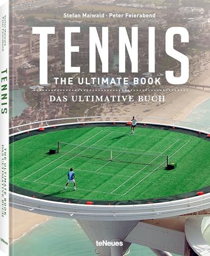 Book cover showing two people playing tennis on a circular rooftop court above water.