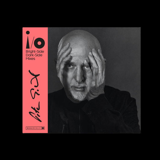 Peter Gabriel album cover: black and white portrait with pink stripe.