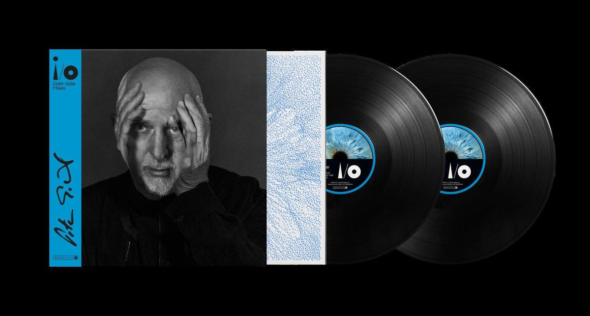 Peter Gabriel’s “I/o” vinyl record with portrait cover and two black discs.