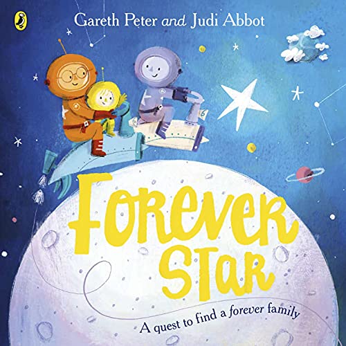 Children's book cover showing two astronauts in space above a large moon.