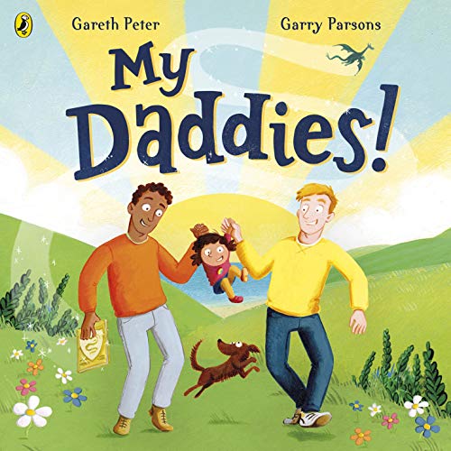 Book cover: two men, a child, and a dog in a sunny field.